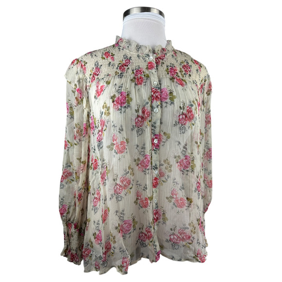 Sundance Amelia Floral Sheer Smocked Blouse Prairie Cottage Button Top Large - Picture 16 of 16